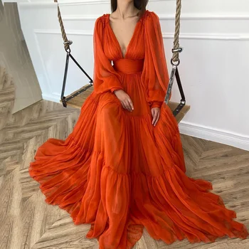 Cenove Seksualus Giliai V-Kaklo Vakare Gown Oficialų Elegantiškas-Line, Uždusęs Rankovėmis Prom Oranžinės spalvos Šifono Naujas Šalis Suknelės Moterims 2023