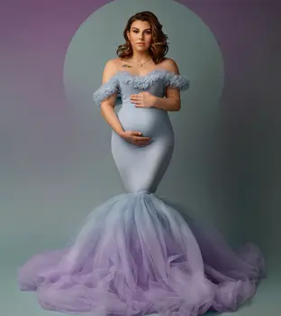 Ombre Tiulio Motinystės Suknelės už Nuotrauką Šaudyti nuo Peties Nėštumo, Motinystės Suknelė Rankovės Nuimamas Babyshower Suknelė