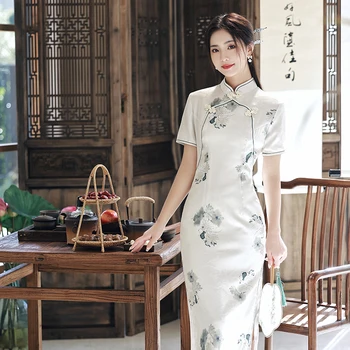 Cheongsam 2023 Naują Pavasario/Vasaros Moterų Elegantiškas Slim Fit Tobulinimo Kinų Stiliaus Ilgai Dvigubo sluoksnio Suknelė