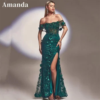 Amanda Prabanga 3D Gėlių Undinė Vestidos De Noche Elegantiškas Off Peties Promenadzie Suknelė Žalia Blizgančių Nėrinių Embroid فساتين مناسبة رسمية