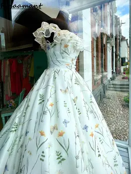 Elegantiškas Gėlių Spausdinti Organza-Line Vestuvių Suknelės Nuo Peties Raukiniai Vestuvinės Suknelės Vestidos De Novia