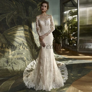 Elegantiškas Valtis Kaklo 2023 Vestuvių Suknelė su ilgomis Rankovėmis Teismas Traukinio Mygtuką Atgal, Aplikacijos, Nėrinių Moterims, Mermaid Stiliaus Vestuvinės Suknelės