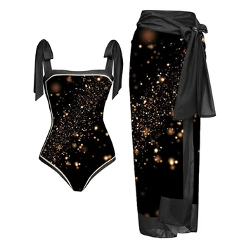 Žvaigždėtas Dangus vientisi maudymosi kostiumėlį su Sijonu Elegantiškas Nėriniai-up Bikinis Tvarstis Vasaros Paplūdimio Atostogų Paplūdimio maudymosi Kostiumėliai