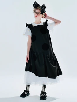 IMAKOKONI originalaus dizaino juodos polka-dot backstrap sijonas susiuvimo prarasti atsitiktinis berankovis vasaros vidurio ilgio suknelė 234056