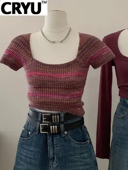 2000-ųjų Moterų Estetinės Dryžuotas Dizainas Megztinis Aikštėje Apykaklę, Trumpas Rankovės Trikotažas Moterų Stora Pasėlių Puloveris Y2K Vintage Stiliaus