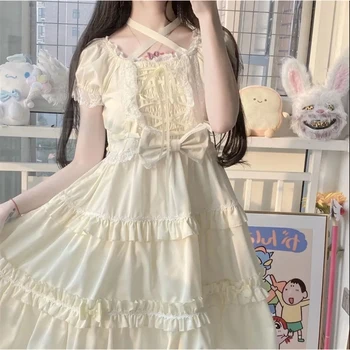 Japonijos Vasaros Kawaii Lolita Saldus Girly Suknelė Mielas Triušis ilgomis rankovėmis Suknelė Elastinga Raukiniai Princesė Šalies Cosplay Vestidos