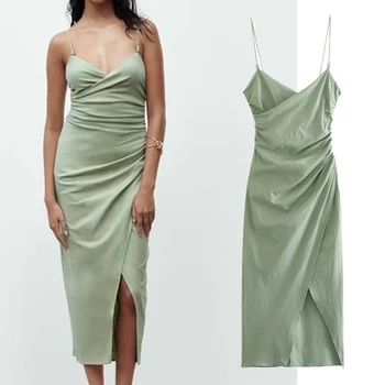 Nudžiūvo Prancūzijos Šalies Stiliaus Šviesiai Žalia Plisuotos Vasaros Diržas Suknelė Mados Ponios Elegantiškas Atsitiktinis Slim Midi Suknelė Moterims