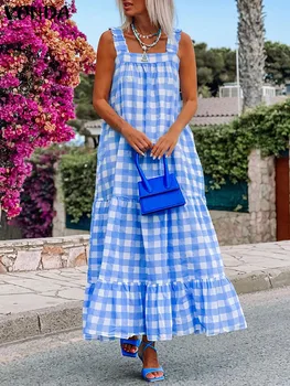 Vasaros Sundress Moterų Maxi Suknelė 2023 VONDA Bohemijos Seksualus Spagečiai Dirželiai Spausdinti Pledas Sundress Paplūdimio Susiėmę Ilgai Vestido