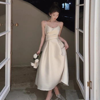Spageti Dirželis Suknelė prancūzų Stiliaus Baltos spalvos Satino Diržas Rankovių Oficialus Suknelės, Elegantiškos Suknelės, Šaliai, Moterų 2023 Naujas