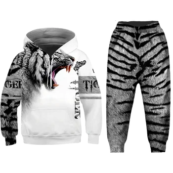 White Tiger 3D Atspausdintas Berniukas Vyrų Palaidinės Liūtas Tracksuit Vasaros T-marškinėliai, Šortai Vaikams Nustatyti Unisex Drabužių Hoodie Kelnes 2vnt