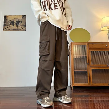 Rudas Juodas Krovinių Kelnės Vyrams Mados Retro Kišenėje Atsitiktinis Kelnės Vyrams Japonijos Streetwear Hip-hop Prarasti Tiesiai Pants Mens Kelnės