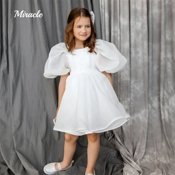 Paprasta-Line Mergaičių Suknelės Gražus Bridesmaid Vaikai Trumpas Sluoksniuotos Rankovėmis ChiffonO Kaklo Nėrinių Naujas 2023 Princesė Vestuvių Suknelės