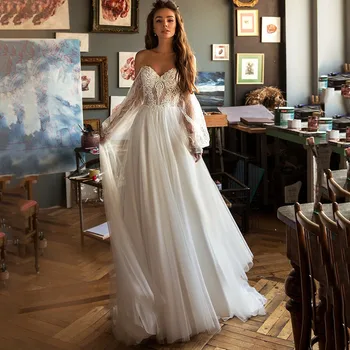 Vestido de Noiva Senovinių Vestuvių Suknelė Nėrinių Boho Nuotakos Suknelės 2021 ilgomis Rankovėmis Sluoksniuotos Vestuvių Suknelės Iliuzija Couture Moteris