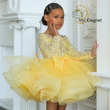 Mielas Geltona Gėlių mergaičių Suknelės Mergaitėms Visą Rankovės Blizgučiais Kelio Ilgio Lankas Komunijos Suknelės Mergaitėms 2023 فساتين اطفال للعيد