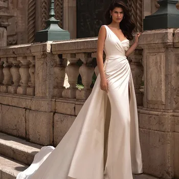 Elegantiškas Vieno Peties Undinė Vestuvių Suknelės Moterims Pusę Aukšto Ritininės Dizainas, Nuimamas Traukinio Satino Nuotakos Suknelė 2023 Tinkinti